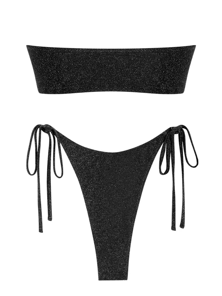 Solid O Ring Swimsuit For Women Tie Side Shiny Metal Hardware Ring Bandeau Bikini Swimwear Padded Bra Top Low Waisted