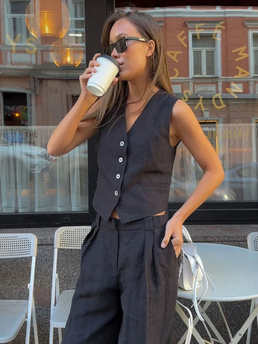 Bronladies Women Linen Cotton Chic Vest & Pants Suit Two-Piece Set Office Ladies Summer Chic 2 Piece Sets Womens Outfits