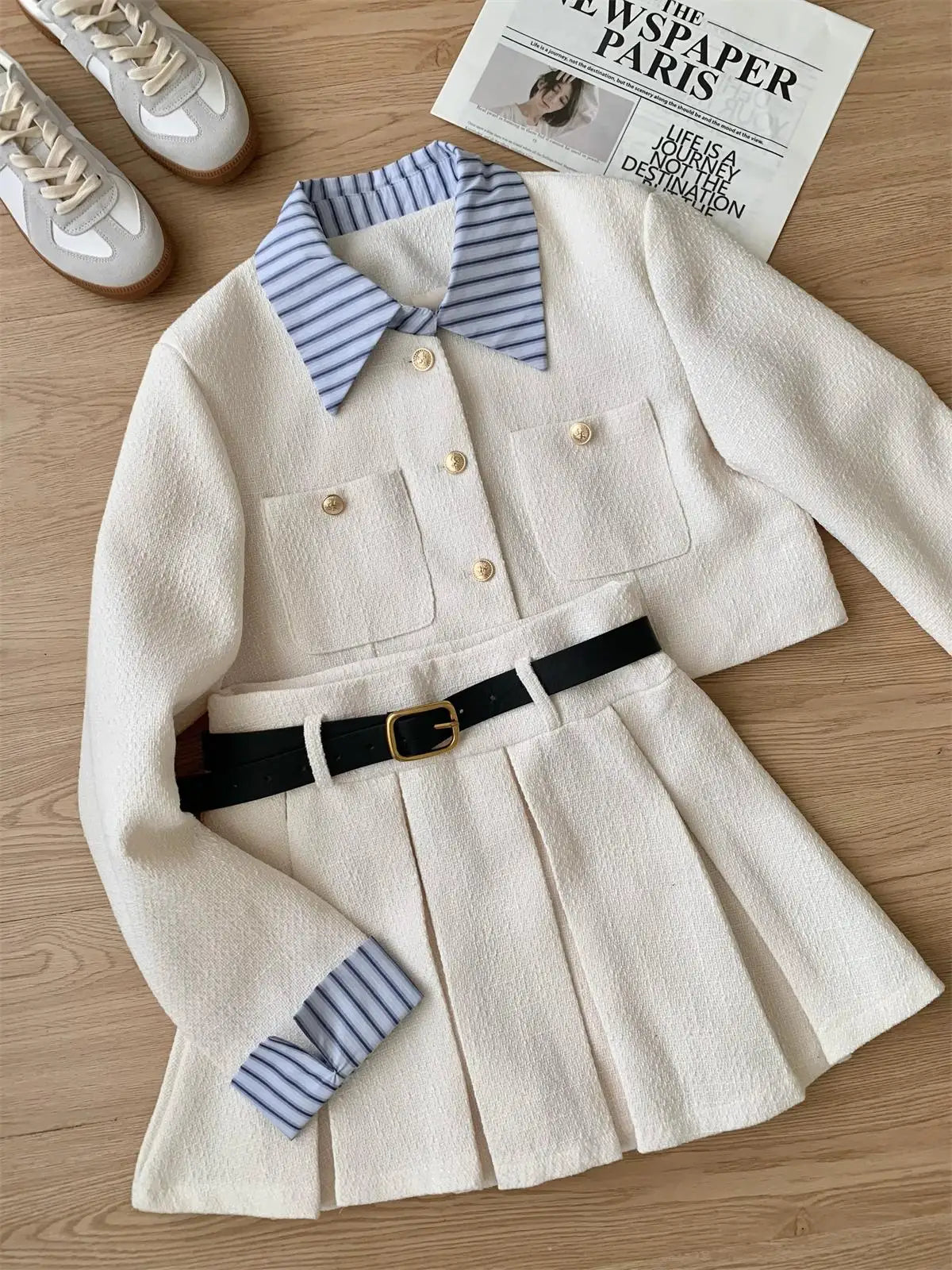 Women's Elegant Two Pieces Skirt Set Lady Spring Autumn Fake Two Pieces Long Sleeve Pockets Short Jacket + Pleated Skirt