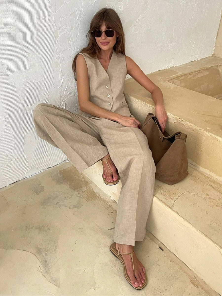 Bronladies Women Linen Cotton Chic Vest & Pants Suit Two-Piece Set Office Ladies Summer Chic 2 Piece Sets Womens Outfits