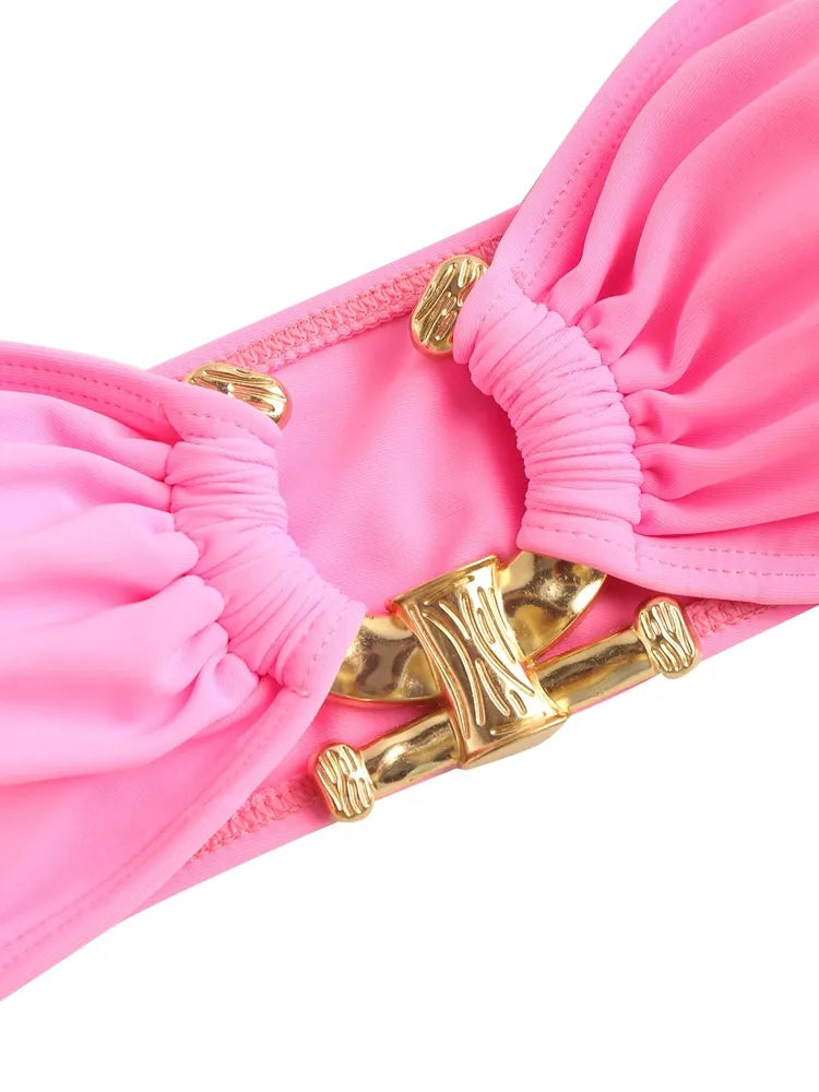 Solid O Ring Swimsuit For Women Tie Side Shiny Metal Hardware Ring Bandeau Bikini Swimwear Padded Bra Top Low Waisted