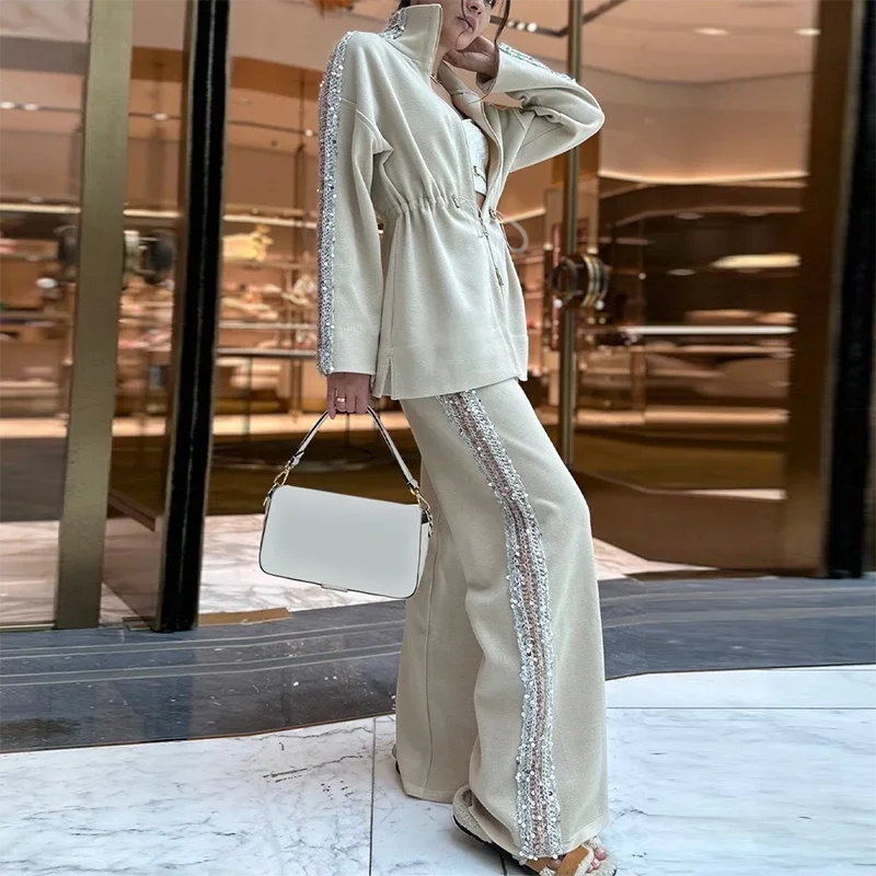 Vintage Sequin Solid Color Long Sleeved Drawstring Top & Wide Leg Pants suit 2025 New Elegant Shiny Lady Chic Office Autumn set