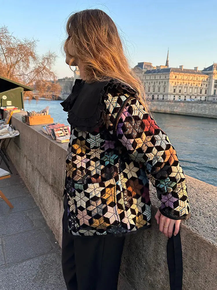 Chic Colorful Printed Zipper O-neck Cotton Coat Women Fashion