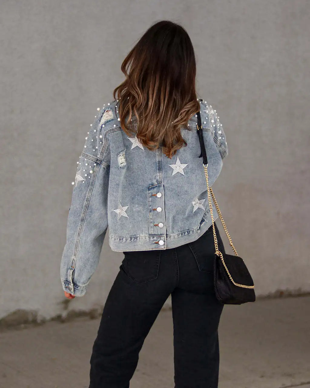 Pearl Denim Jacket Single Breasted Beaded Long Sleeve Solid Cardigan Faux Pearl 2023 Spring Autumn Coat