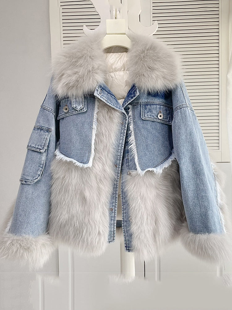 Women Winter Denim Jacket Oversize Large Fur Collar Plus