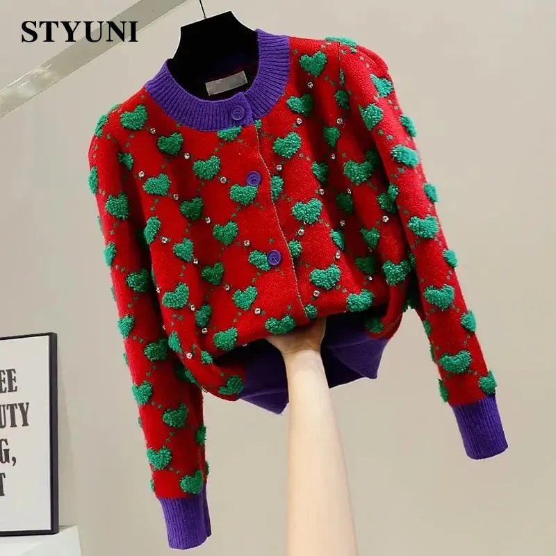 Heart Argyle Diamonds O-Neck High Street Kawaii Knitted Women's Sweaters Long Sleeve Buttons Short Jumpers Female Cardigans
