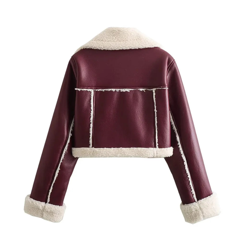Autumn Winter Leather and Fur Crop Jacket