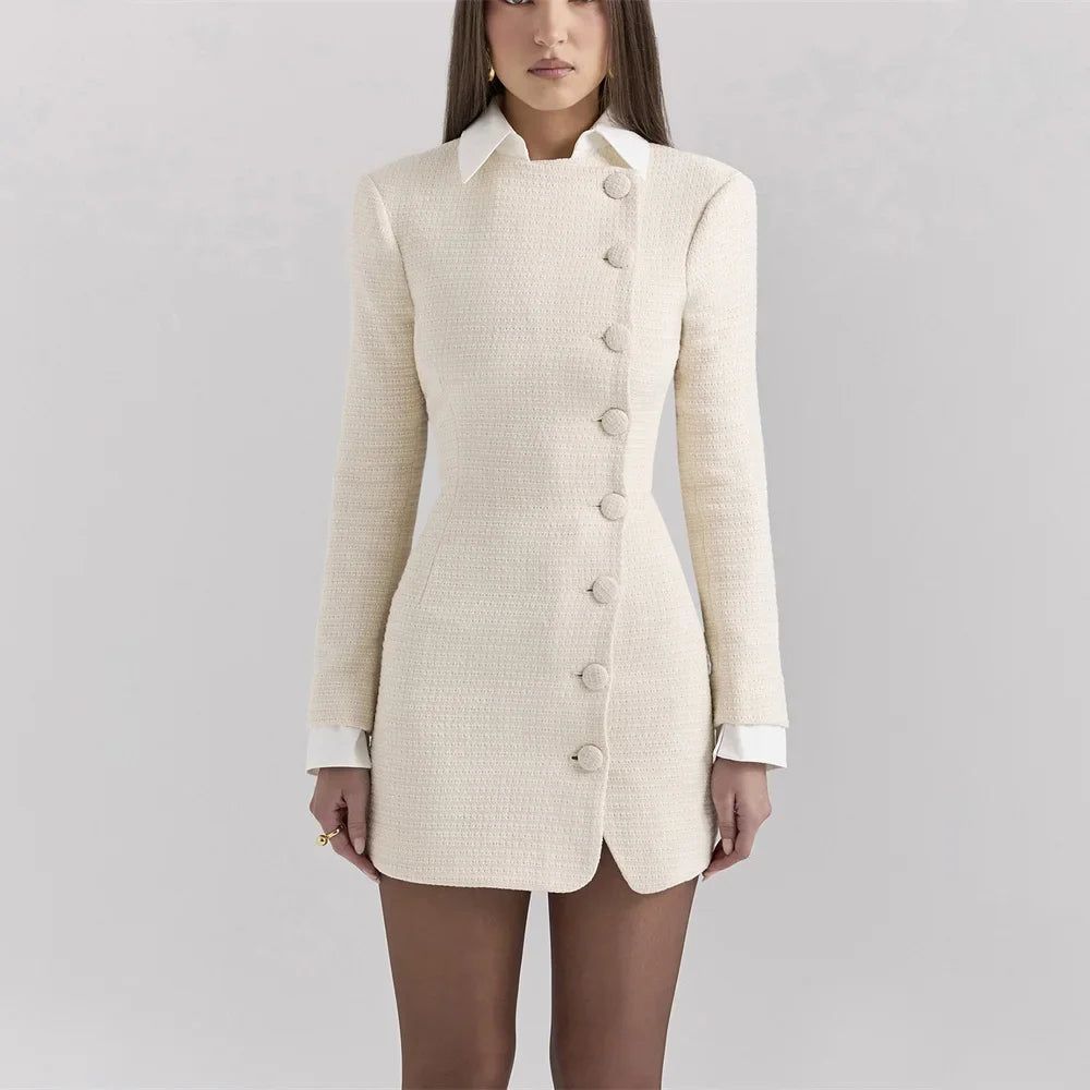 Vintage Mini Dress Women Fashion Lapel Slim Short Dress Elegant Office Lady Party Dress