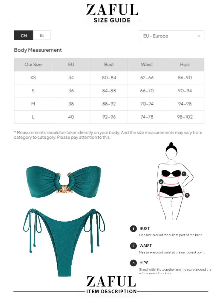 Solid O Ring Swimsuit For Women Tie Side Shiny Metal Hardware Ring Bandeau Bikini Swimwear Padded Bra Top Low Waisted