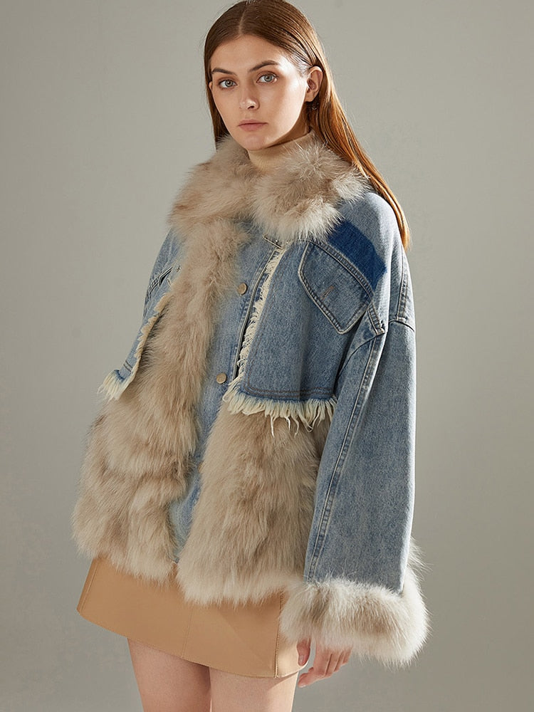 Women Winter Denim Jacket Oversize Large Fur Collar Plus