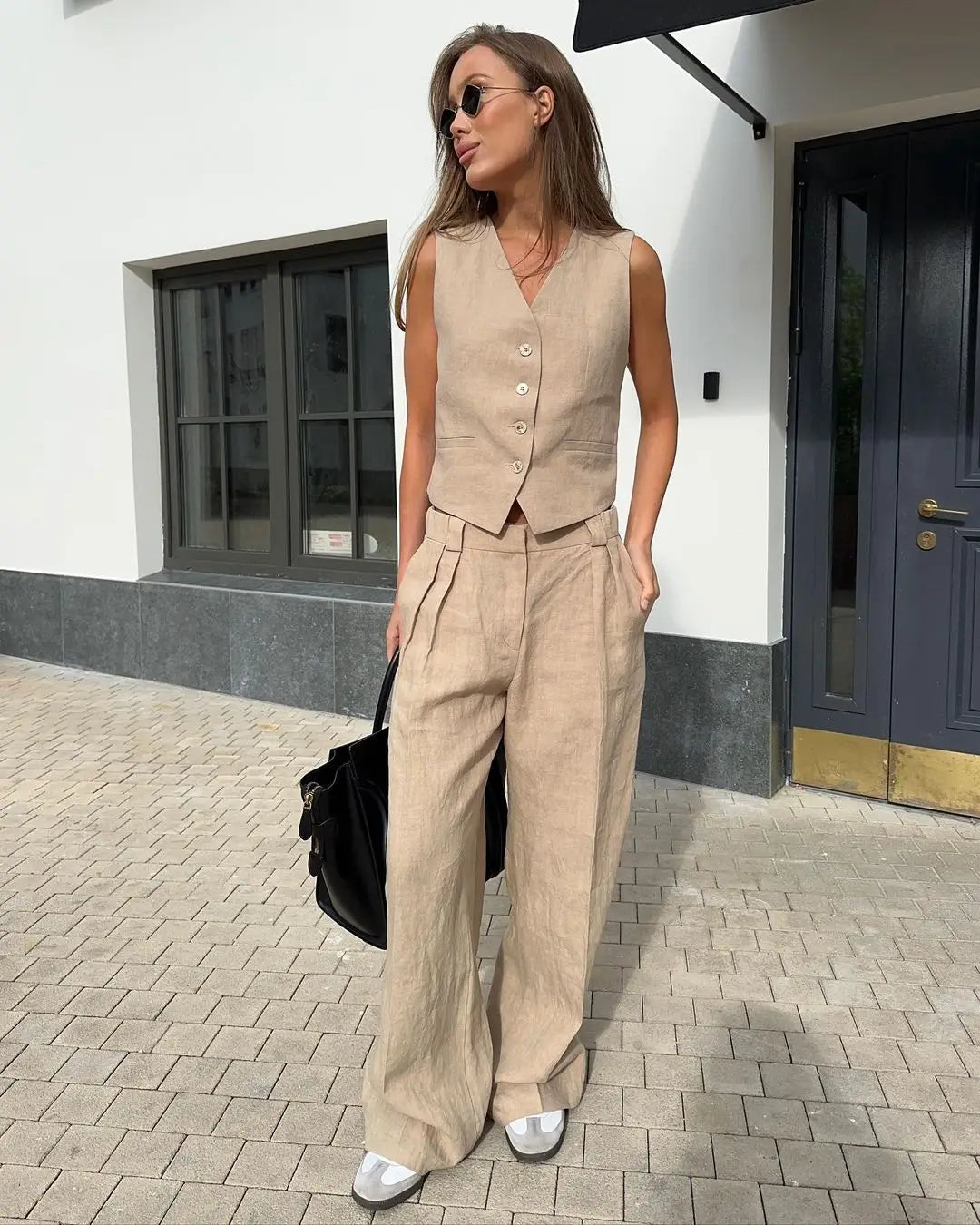 Bronladies Women Linen Cotton Chic Vest & Pants Suit Two-Piece Set Office Ladies Summer Chic 2 Piece Sets Womens Outfits