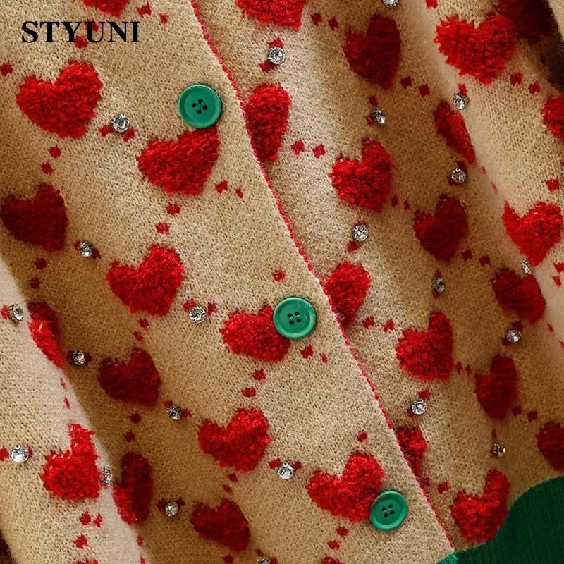 Heart Argyle Diamonds O-Neck High Street Kawaii Knitted Women's Sweaters Long Sleeve Buttons Short Jumpers Female Cardigans