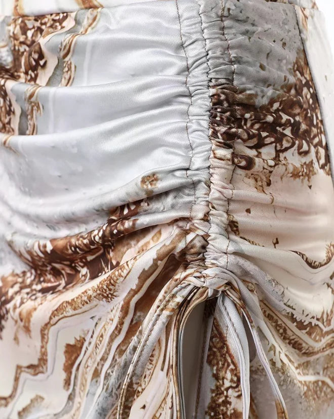 Summer Skirt Set Vacation New Drawstring Pleated Bolero Sexy Irregular Marble Print Slit Skirt Sets Women 2 Piece Outfit