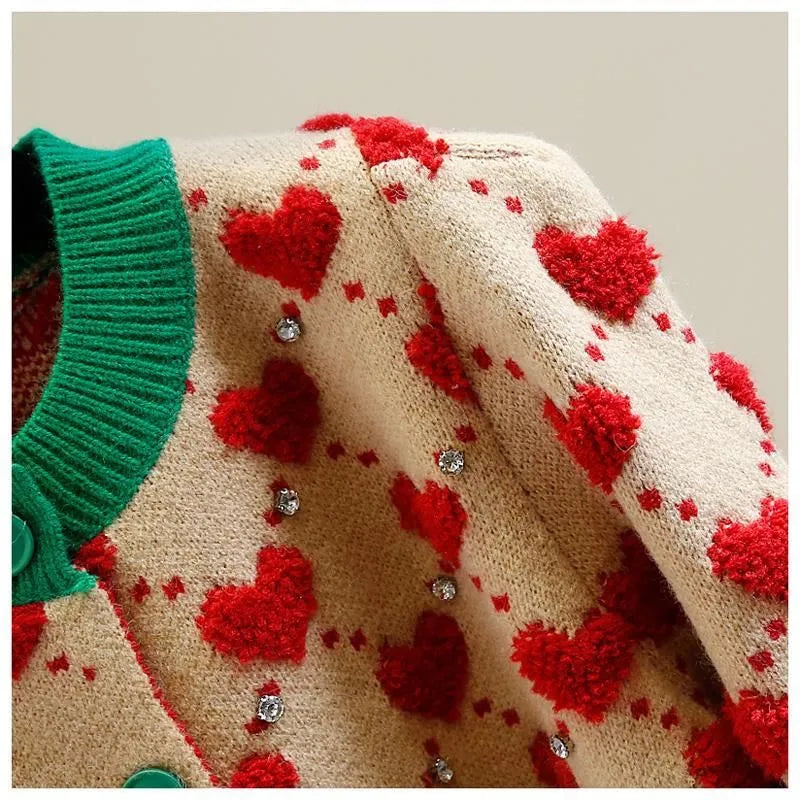 Heart Argyle Diamonds O-Neck High Street Kawaii Knitted Women's Sweaters Long Sleeve Buttons Short Jumpers Female Cardigans