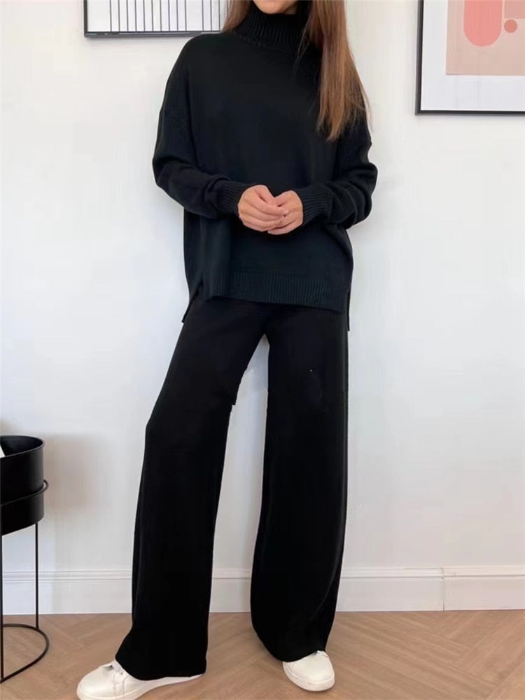 Autumn-Winter Turtleneck Sweater and Straight Jogging Pants Suits 2 Pieces.