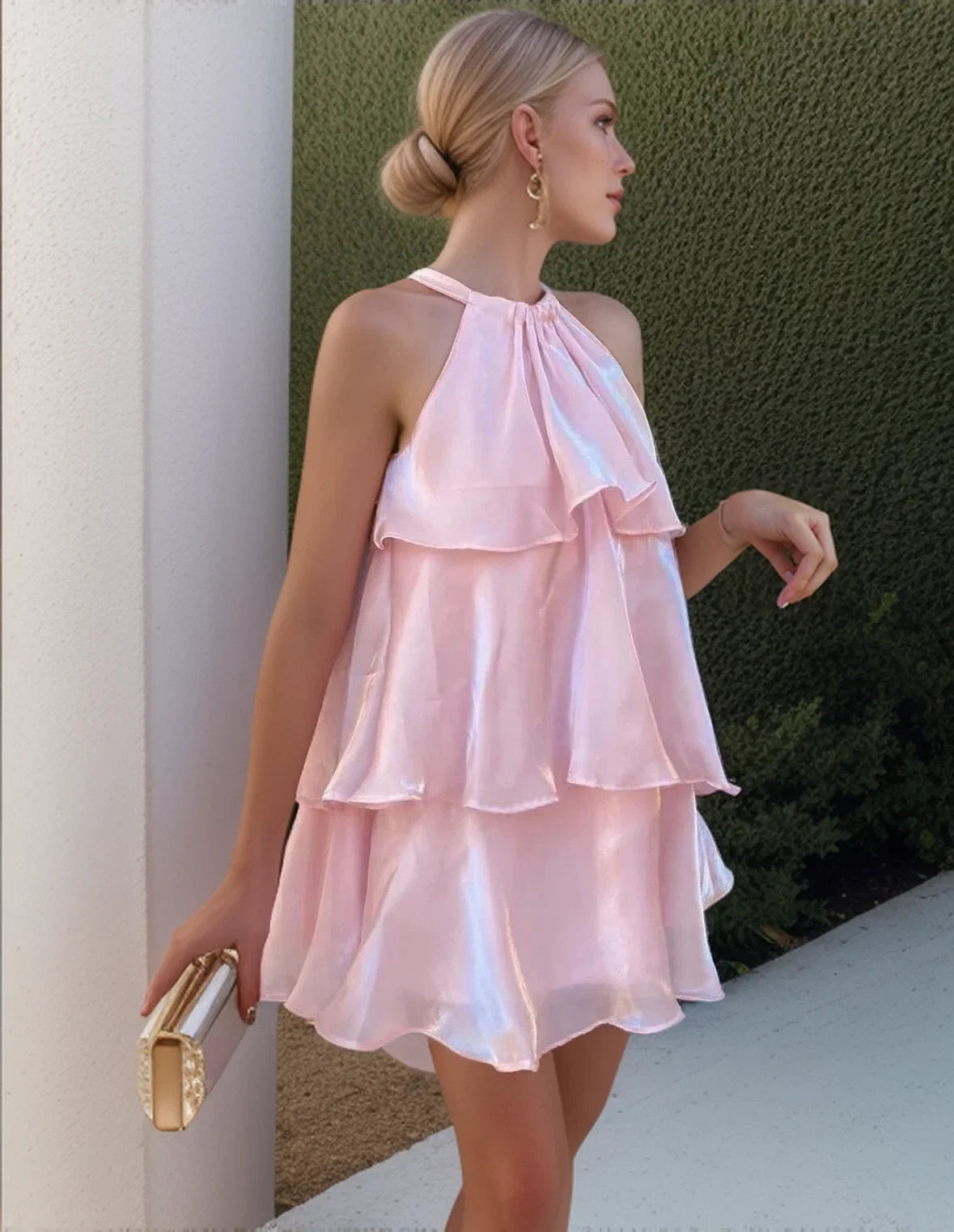 Holiday Sweet Organza Gauze Gentle Style Ruffled Halter Dress Women Sleeveless Loose Strap Short Dress Summer Beach Mini Dress