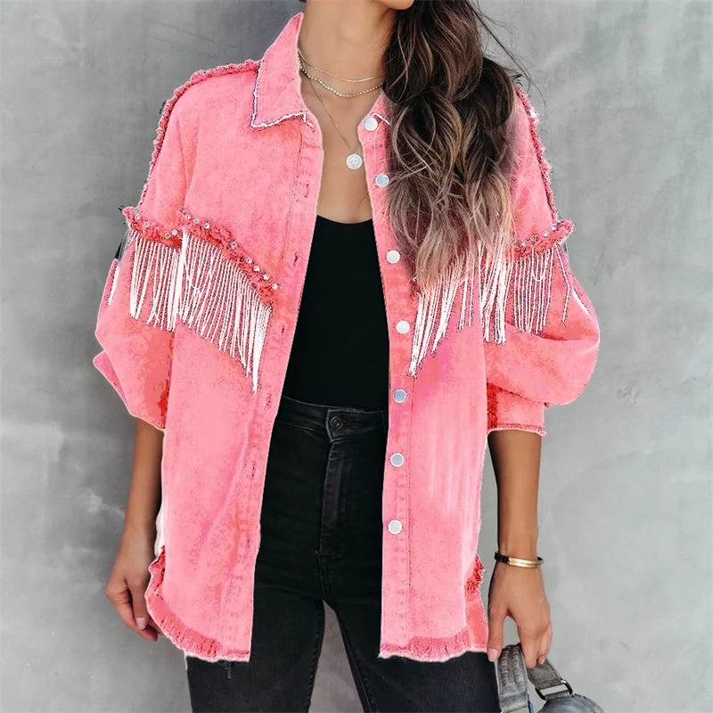 Fashion Tassel Splicing Denim Jacket Ladies Casual Trend Streetwear Women Long
