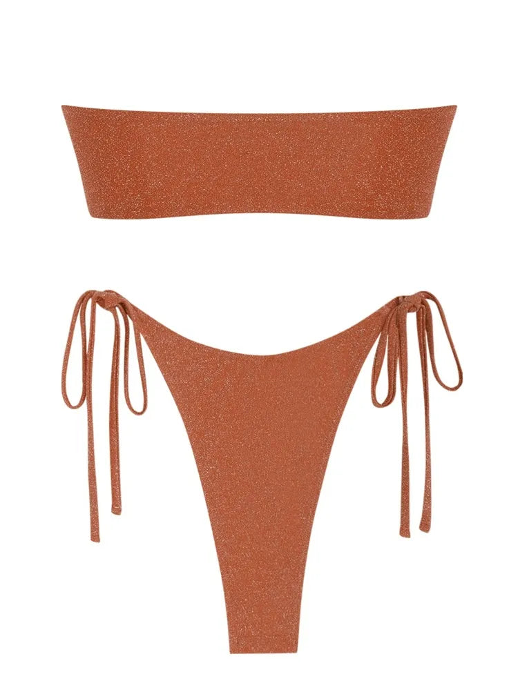 Solid O Ring Swimsuit For Women Tie Side Shiny Metal Hardware Ring Bandeau Bikini Swimwear Padded Bra Top Low Waisted