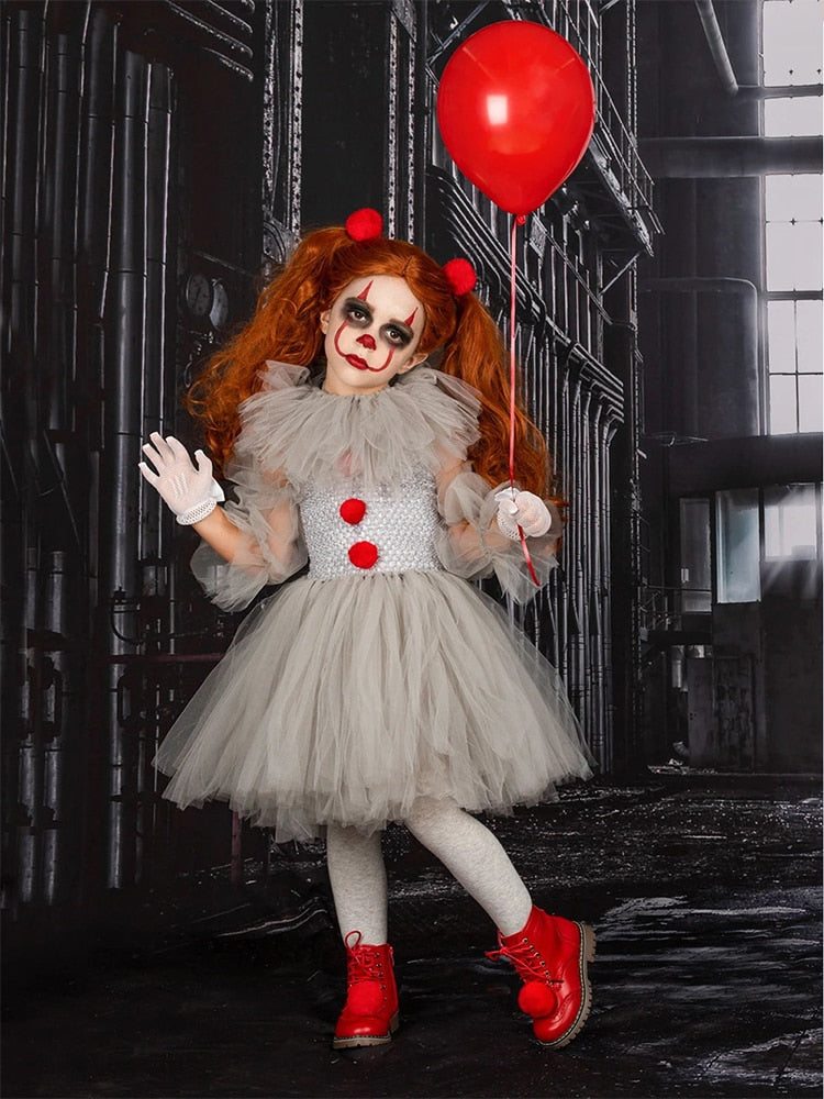 Halloween Costume For Kids Gray Girls Tutu Scary Clown Costume Girl 2-12Y