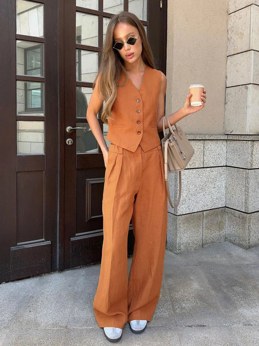 Bronladies Women Linen Cotton Chic Vest & Pants Suit Two-Piece Set Office Ladies Summer Chic 2 Piece Sets Womens Outfits
