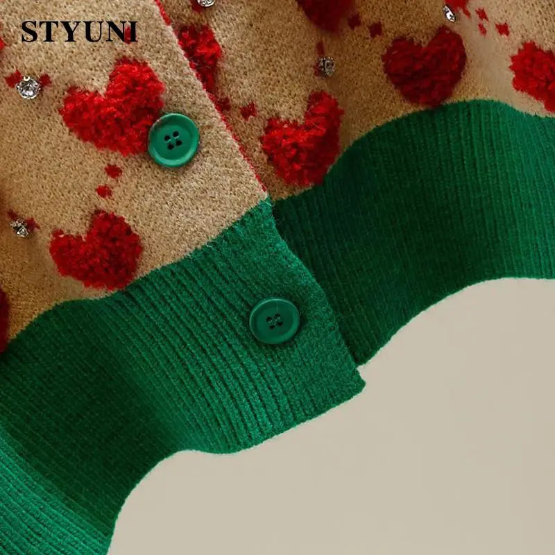 Heart Argyle Diamonds O-Neck High Street Kawaii Knitted Women's Sweaters Long Sleeve Buttons Short Jumpers Female Cardigans