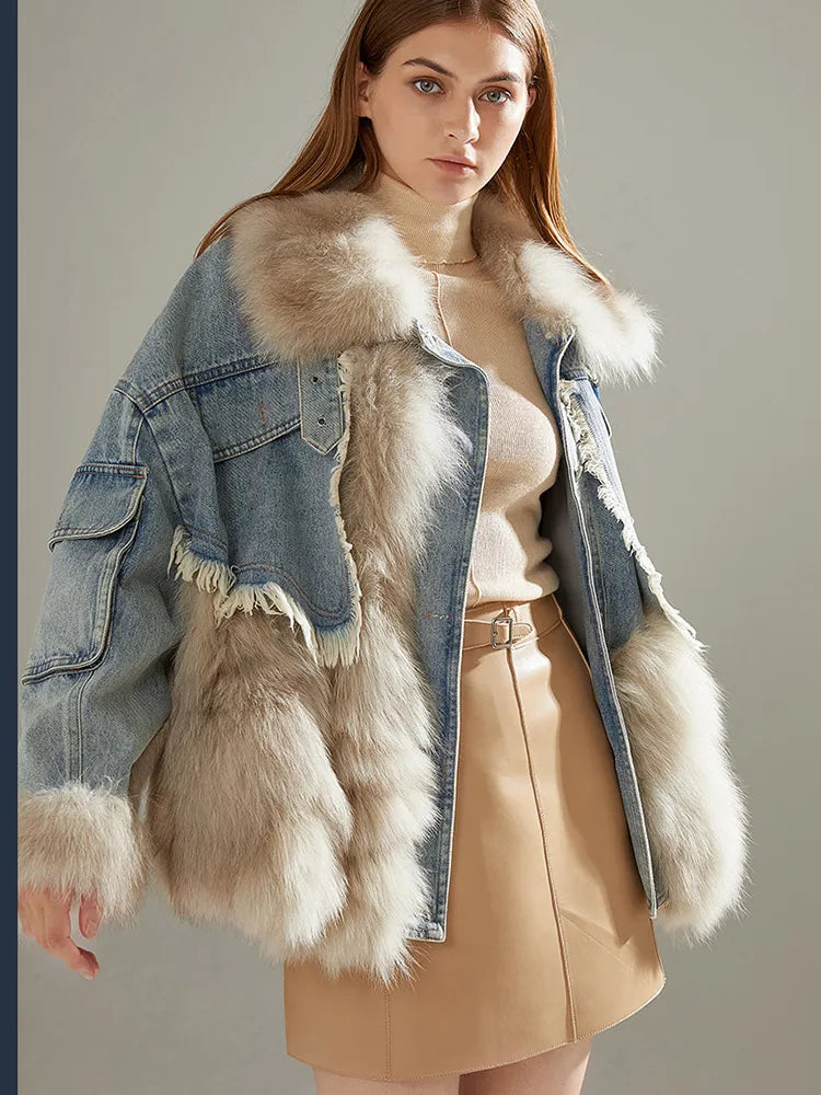 Women Winter Denim Jacket Oversize Large Fur Collar Plus