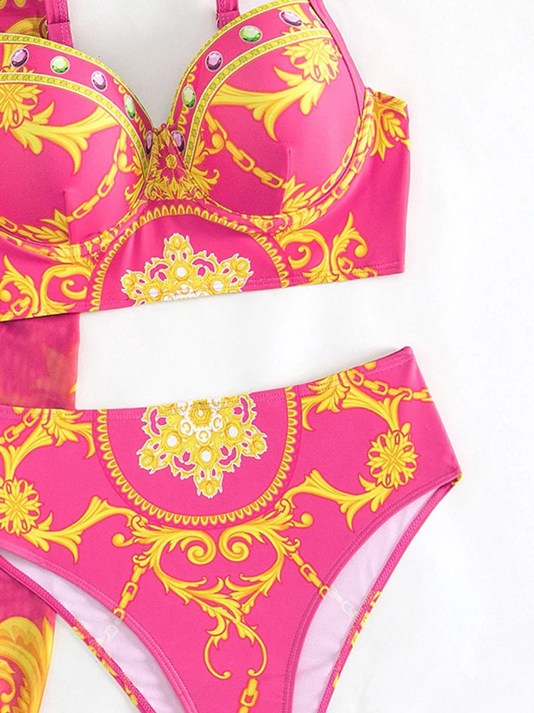 Sexy Print 3 Piece High Waist Skirt Bikini Set Swimwear Women Strapped Push UP Swimsuit Summer Bathing Suit