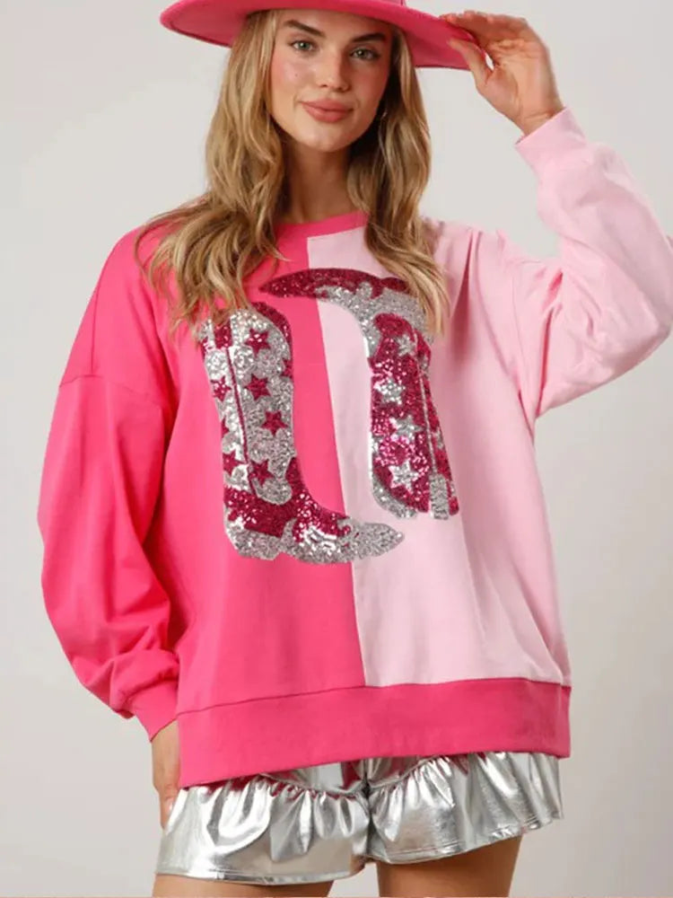 Sequins Boots Loose Sweatshirt, Casual Crew Neck Valentine's Day Long Sleeve Sweatshirt, Women's Clothing