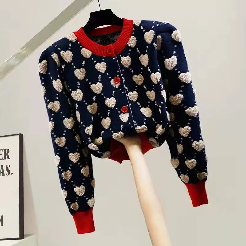 Heart Argyle Diamonds O-Neck High Street Kawaii Knitted Women's Sweaters Long Sleeve Buttons Short Jumpers Female Cardigans
