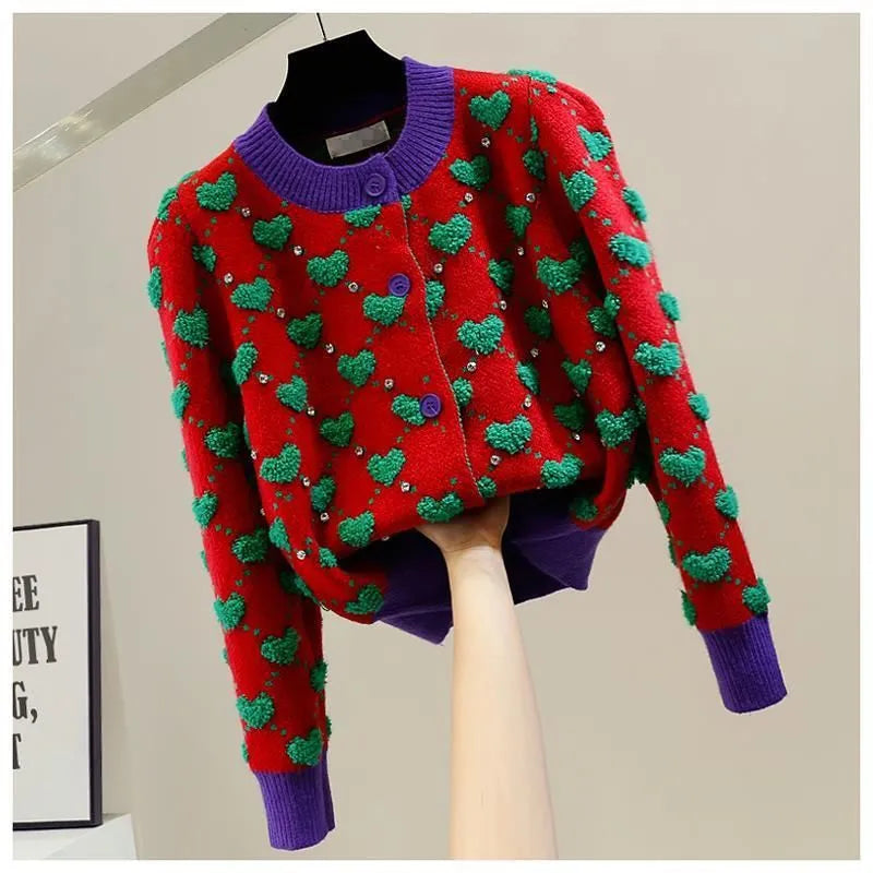 Heart Argyle Diamonds O-Neck High Street Kawaii Knitted Women's Sweaters Long Sleeve Buttons Short Jumpers Female Cardigans