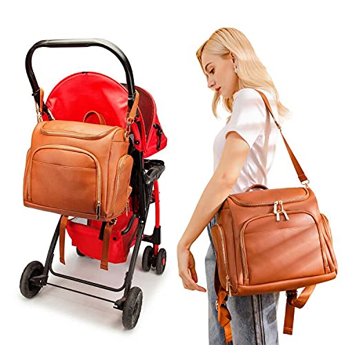 Baby Diaper Bag Solid PU Leather Mummy Maternity Bag Large Capacity Travel Back Pack Stroller Bags with Changing 7-in-1