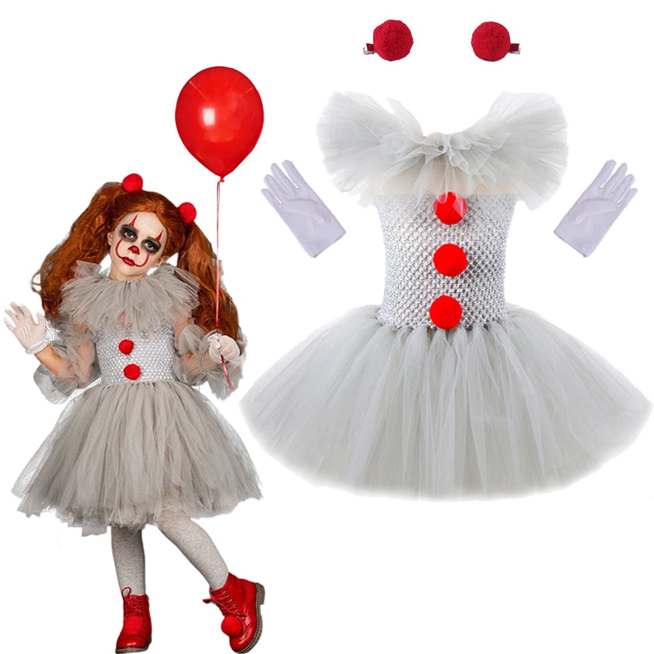 Halloween Costume For Kids Gray Girls Tutu Scary Clown Costume Girl 2-12Y