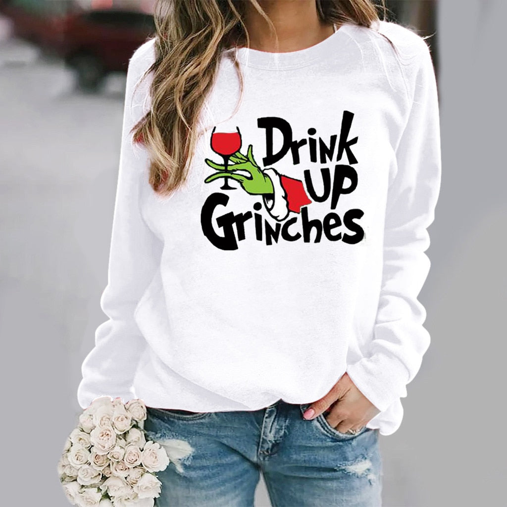 Drink Up Grinches Green Pattern Print T-shirt Cutout Cold Shoulder Long Sleeve Sweatshirt Knitted Tops for Women