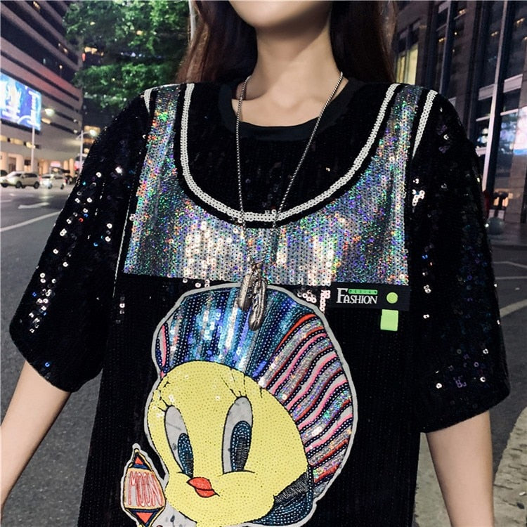 Short Sleeved T-Shirt Women's Clothing Cartoon Casual Sequins New Korean Loose Fake Two-Piece Night Club Hip Hop Tops