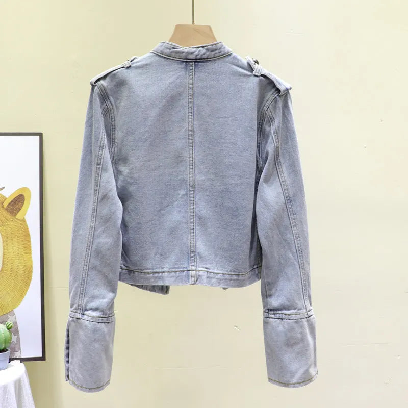 Retro Military Style Handsome Stand Collar Denim Jackets Female Double-breasted