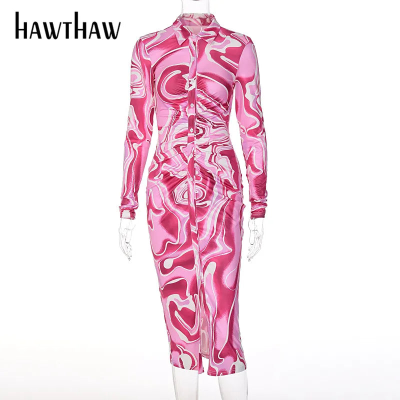 Hawthaw Women Autumn Winter Long Sleeve Printed Bodycon Pink Pencil Midi Dress Streetwear Wholesale Lots Bulk Clothes