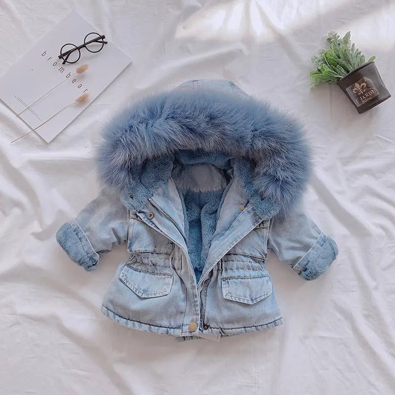 Baby Girls Coats Clothes 2023 Winter Denim Jackets With Fur Hooded Coats For Girls Cotton Thicken