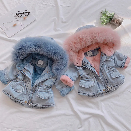 Baby Girls Coats Clothes Winter Denim Jackets With Fur Hooded Coats For Girls Cotton Thicken