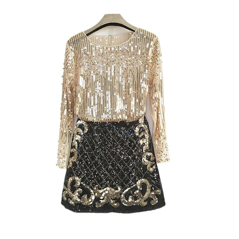 Birthday Party  New Women's Fashion Heavy Craft Nail Bead Long Sleeve Sequin Shirt With Buttocks And Skirt 2pcs Set