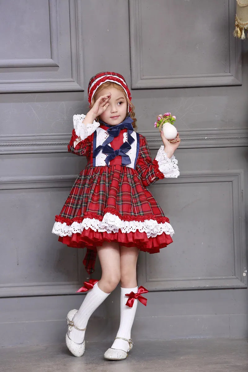 3PCS Autumn Winter Red Plaid Vintage Spanish Pompom Ball Princess Dress with Hat Pants for Christmas