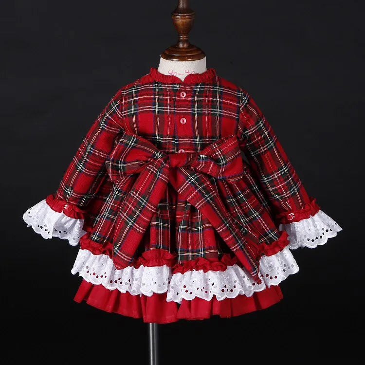 3PCS Autumn Winter Red Plaid Vintage Spanish Pompom Ball Princess Dress with Hat Pants for Christmas