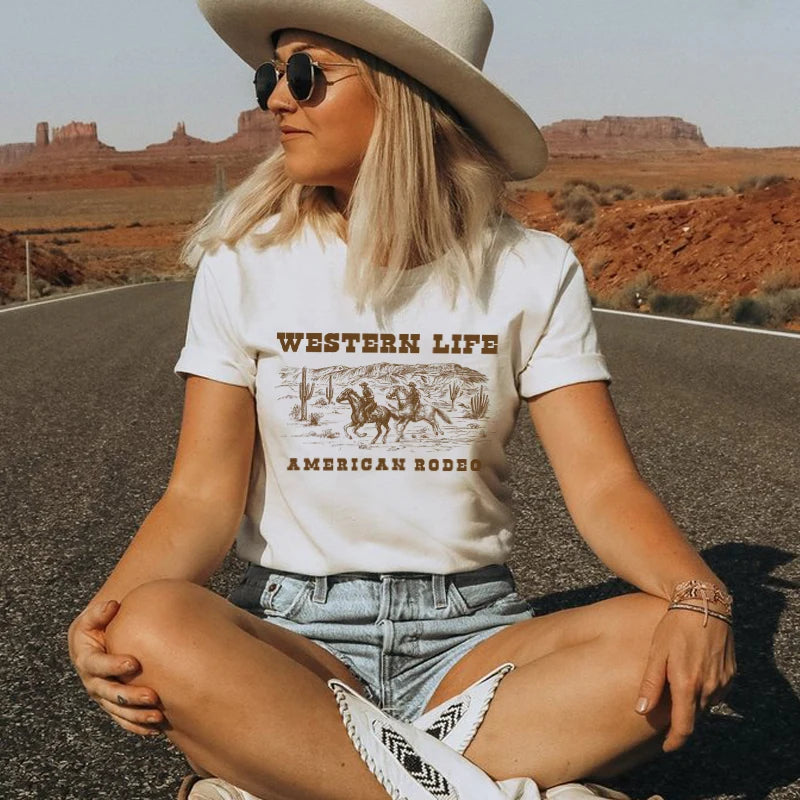 Cowboy Rodeo Retro Women T-Shirt Cowgirl Western Style Country Vintage T Shirt Cotton Short Sleeve Cute Aesthetic Tee Shirt Tops