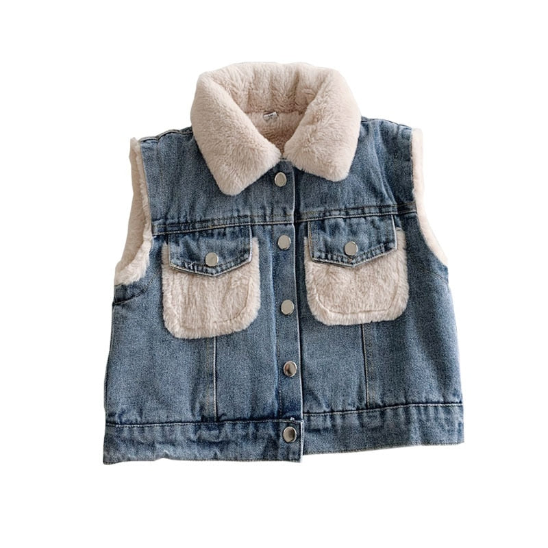 Winter Girls-Boys Thick Warm Fleece Waistcoat Baby Kids Children Jeans Denim Vest