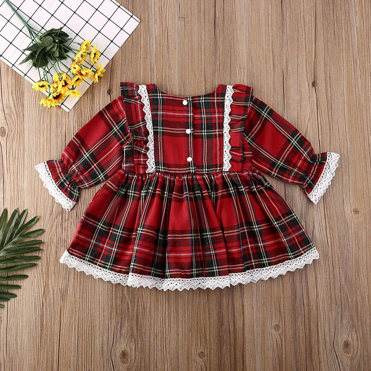 Christmas  Baby Girl Princess Dress Red Plaid Ruffles Lace Tutu Dress 1-6Y