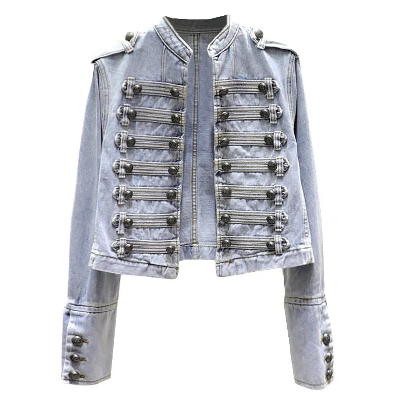 Retro Military Style Handsome Stand Collar Denim Jackets Female Double-breasted