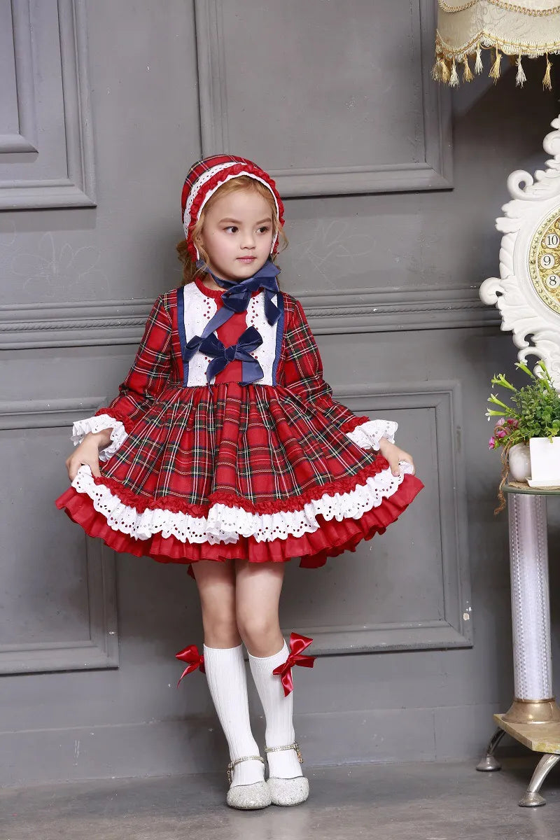 3PCS Autumn Winter Red Plaid Vintage Spanish Pompom Ball Princess Dress with Hat Pants for Christmas