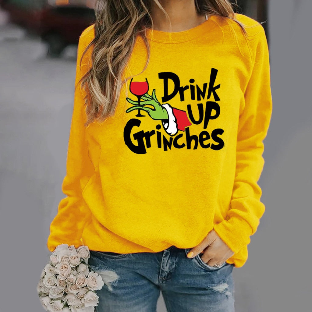 Drink Up Grinches Green Pattern Print T-shirt Cutout Cold Shoulder Long Sleeve Sweatshirt Knitted Tops for Women