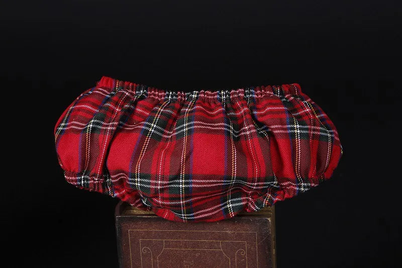 3PCS Autumn Winter Red Plaid Vintage Spanish Pompom Ball Princess Dress with Hat Pants for Christmas