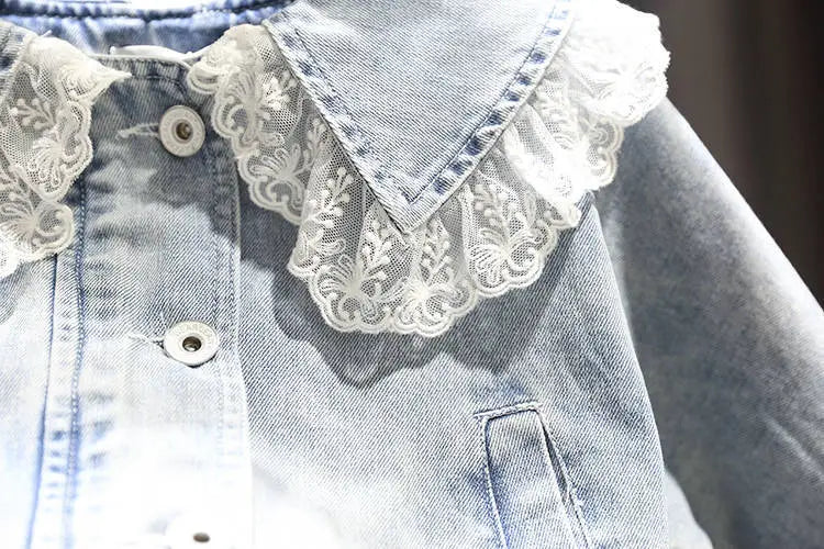 Spring Children's Denim Jackets Girl Jean Embroidery Jackets Girls Kids clothing baby Lace coat Casual outerwear Windbreaker