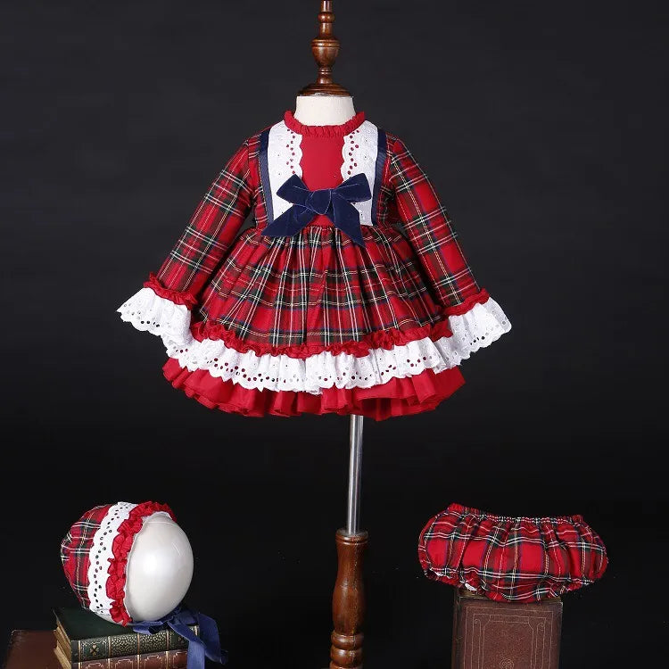 3PCS Autumn Winter Red Plaid Vintage Spanish Pompom Ball Princess Dress with Hat Pants for Christmas